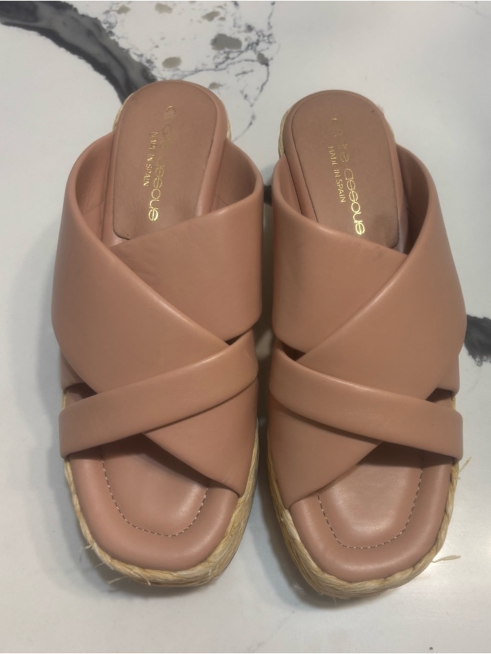 Andrew Assoue Blush Pink Crisscross Espadrille Slide Mules